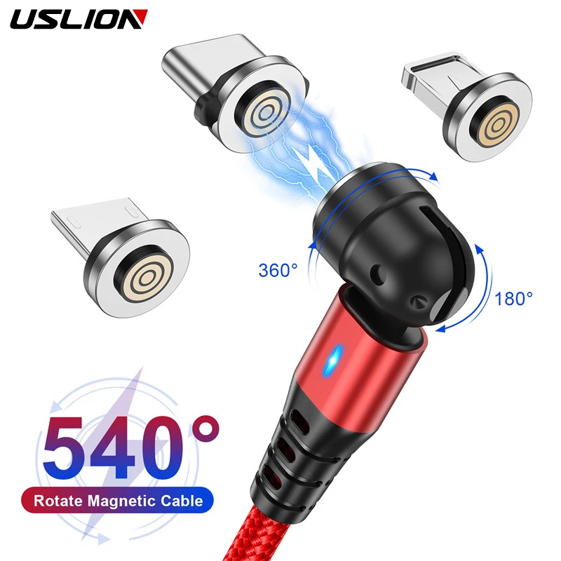

Магнитный USB-кабель USLION с поворотом на 540 градусов, 5A светодиодов, Шнур Micro Type-C для быстрой зарядки Xiaomi POCO, магнитное зарядное устройство, зарядный кабель для телефона