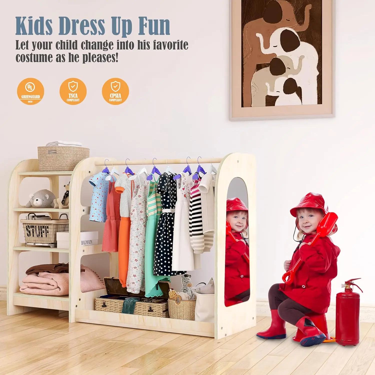 Up Storage with Mirror, Montessori Kids Dress Up Rack, Wooden Dress Up Storage Rack for Little Girls and Boys, Kids Costume Rack