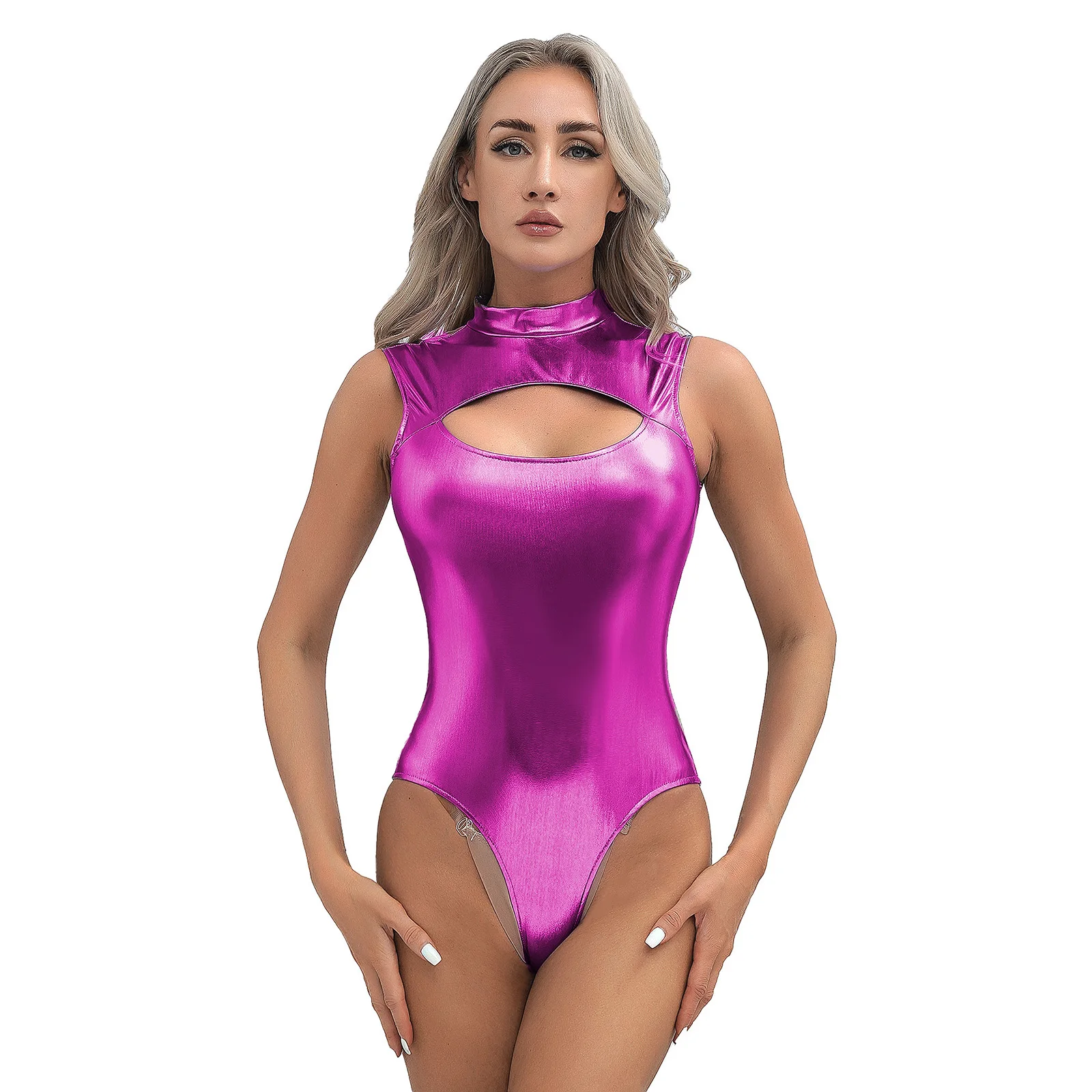 Women's Swimsuit One Piece Swimwear Metallic Cutout Front Bodysuit Mock Neck Sleeveless Invisible Zipper Back Leotard Catsuit