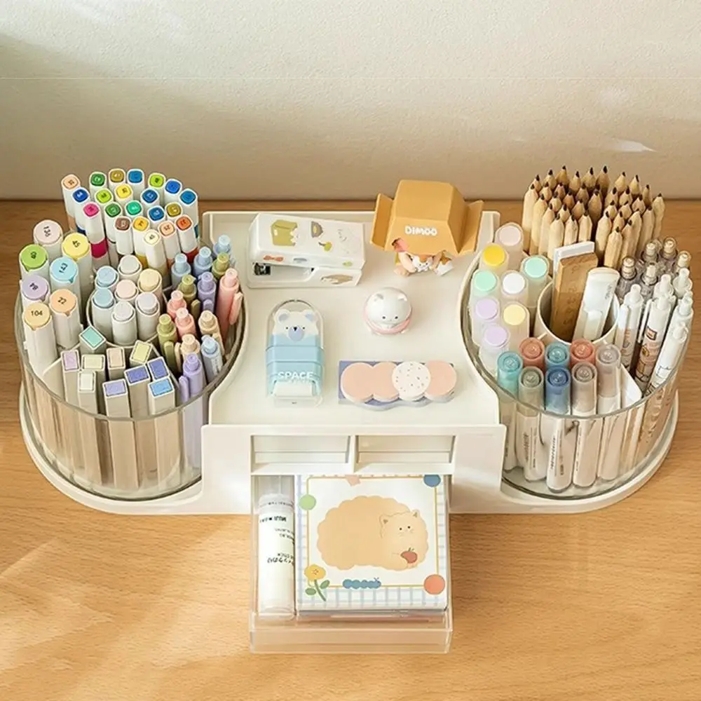 2 Pen Holder Rotating Desk Organizer 3 Drawer 10 Slots Stationery Storage Box Large Capacity 1 Top Storage Area