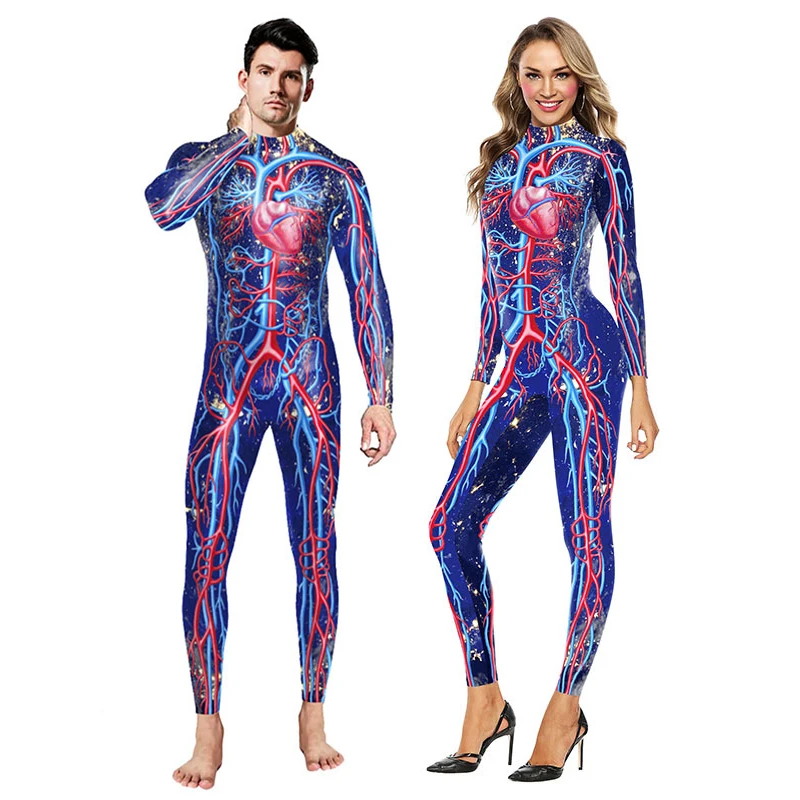 Human Body Organ Printed Jumpsuit Men Women Blood Vessel Print Halloween Cosplay Costume Long Sleeve Party Show Bodysuit Outfit