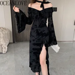 OCEANLOVE Floral Flare Sleeve Women Dresses Spring Autumn Irregular Vintage Y2k Vestidos Mujer V Neck Black Long Dress