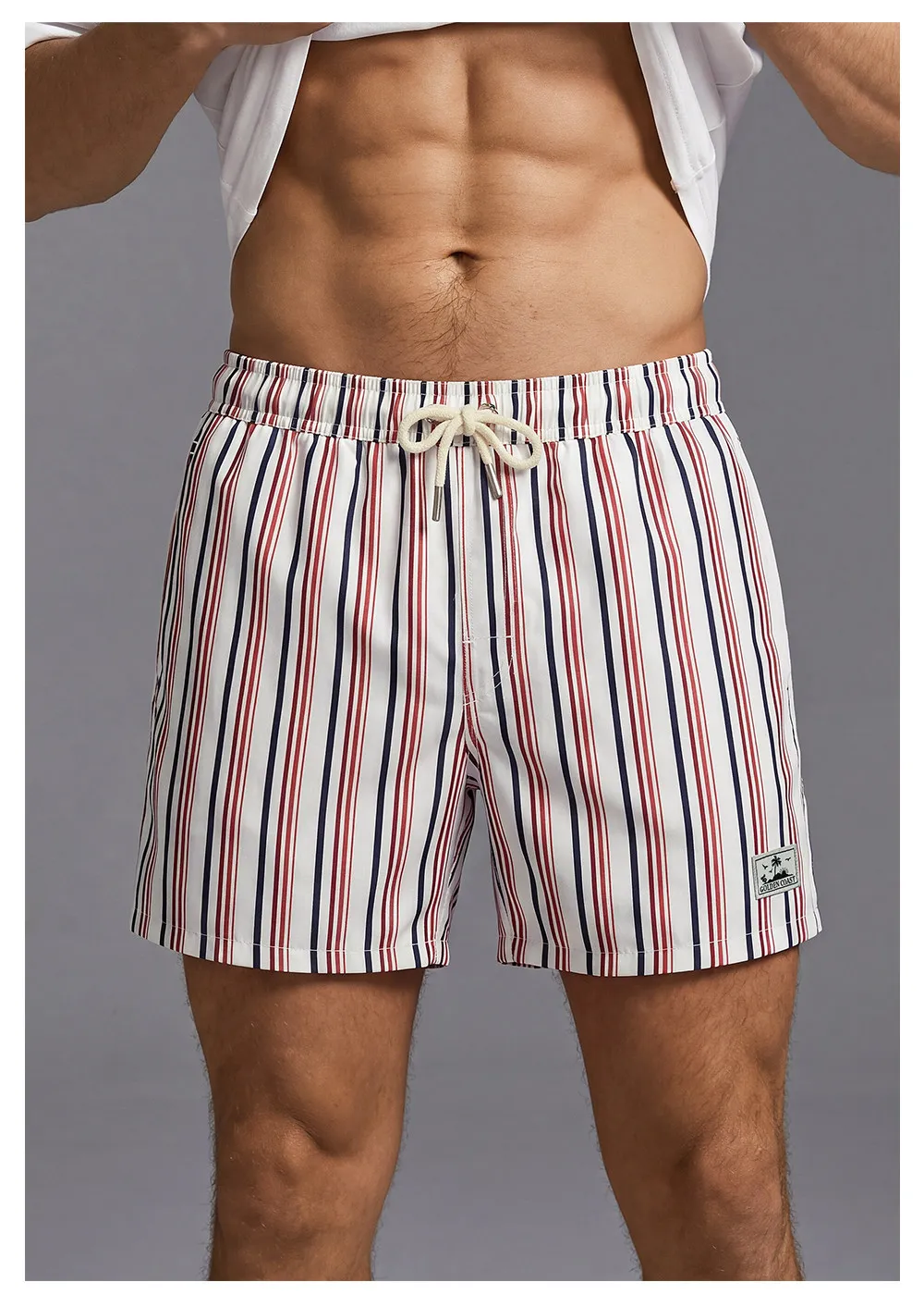 Herren-Sommer-Strandshorts mit einfachem Streifenmuster und 3D-Druck, hawaiianische, lockere, lässige Shorts, schnell trocknende, atmungsaktive Surf-Badebekleidung – Detail 6