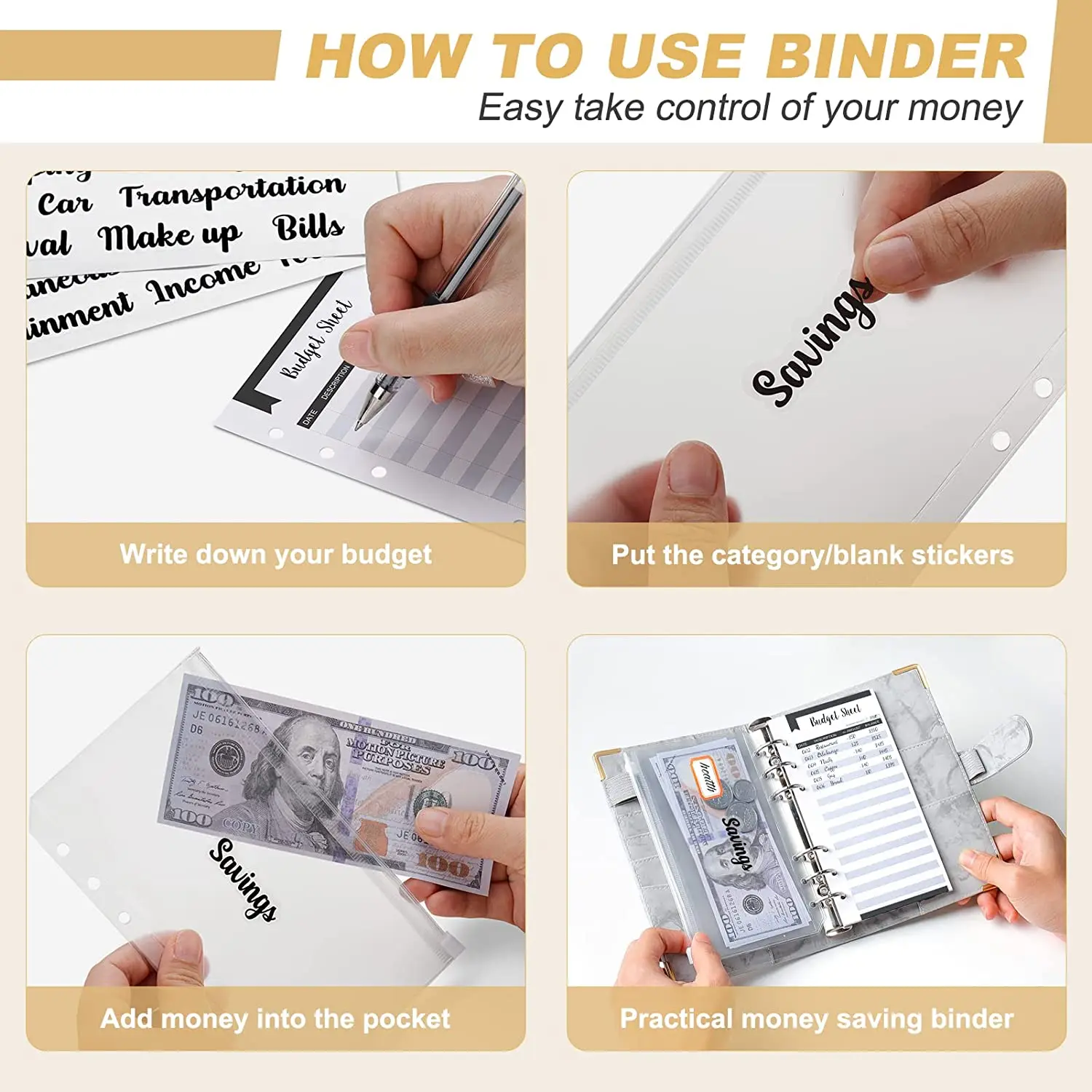 Budget Binder, Cash Envelopes for Budgeting, Money Organizer for Cash,  with Cash Envelopes,  Marble 6-Ring Money Saving Binder