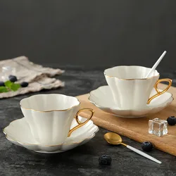 Ceramic Elegant Flower Bone China Coffee Cup with Saucer Set White Porcelain Phnom Penh Office Teacup Home Cafe Espresso