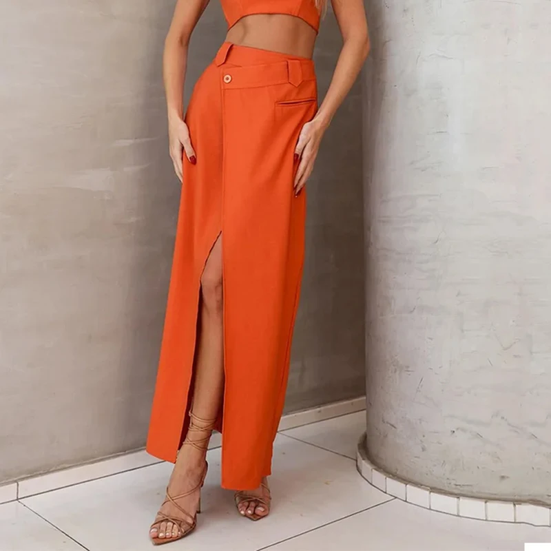 Wefads 2 Piece Set Summer Fashion Solid Suspender Sleeveless High Waist Backless Zipper Top A Line Irregular Slit Long Skirt Set