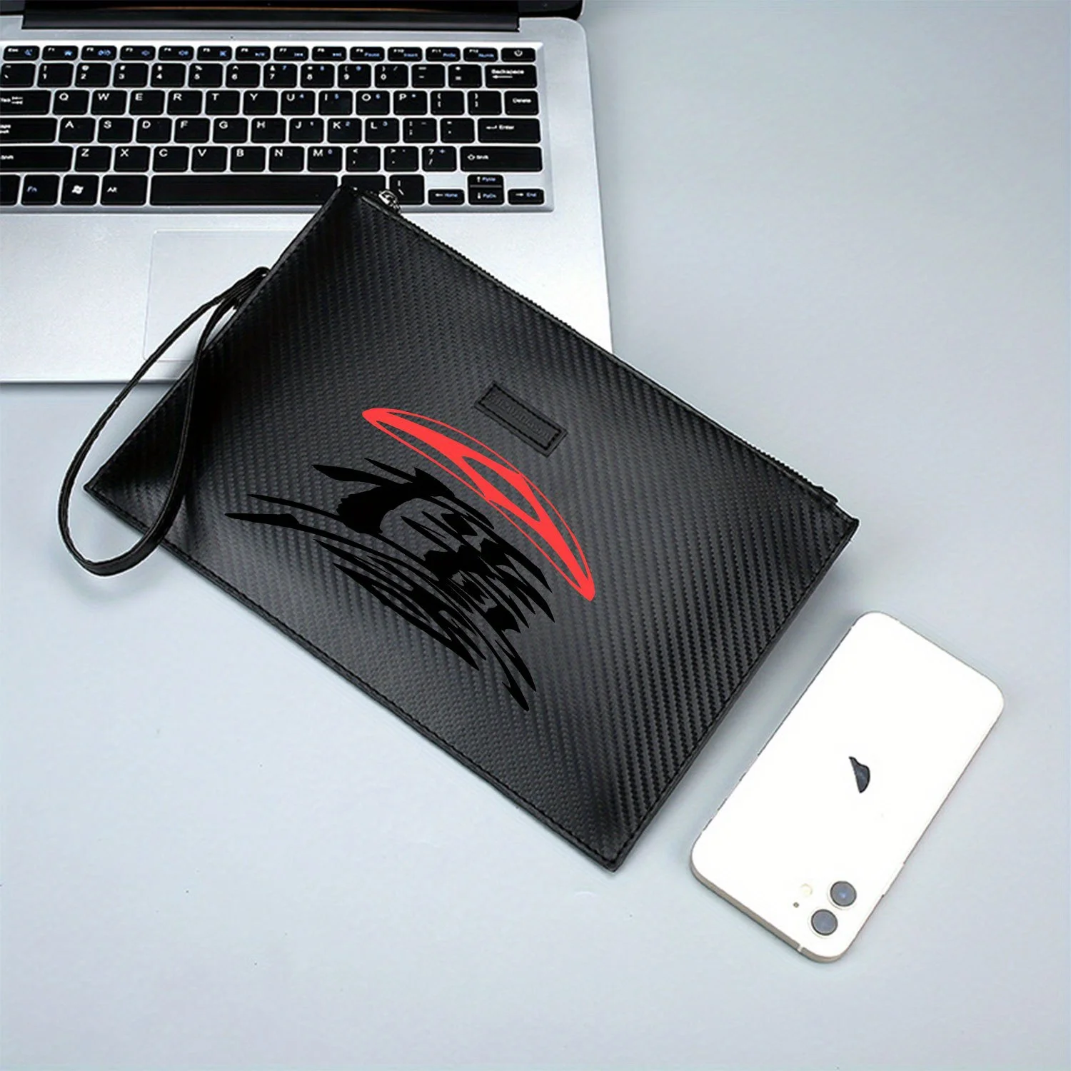 Rote, gewellte Linien, abstrakte Designform, elegante, bedruckte PU-Herrenhandtasche, modisch und praktisch für den täglichen Transport