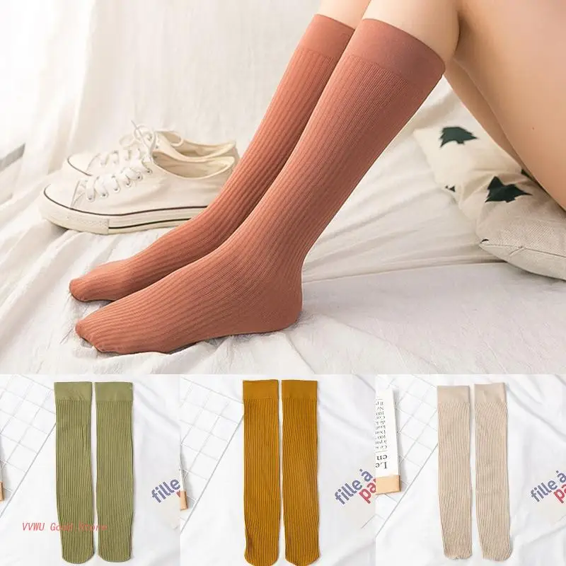 Women Spring Thin Compression Knee High Socks College Autumn Ribbed Plain Solid Color Circulation Support Long Tube Calf