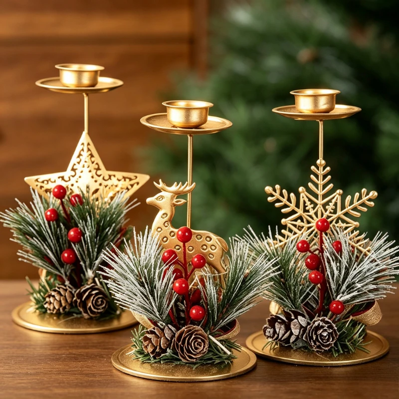1pc Christmas Desktop Candle Holder Ornament, Golden Metal Star, Reindeer, Snowflake Tea Light Holder with Flocked Pine Needles