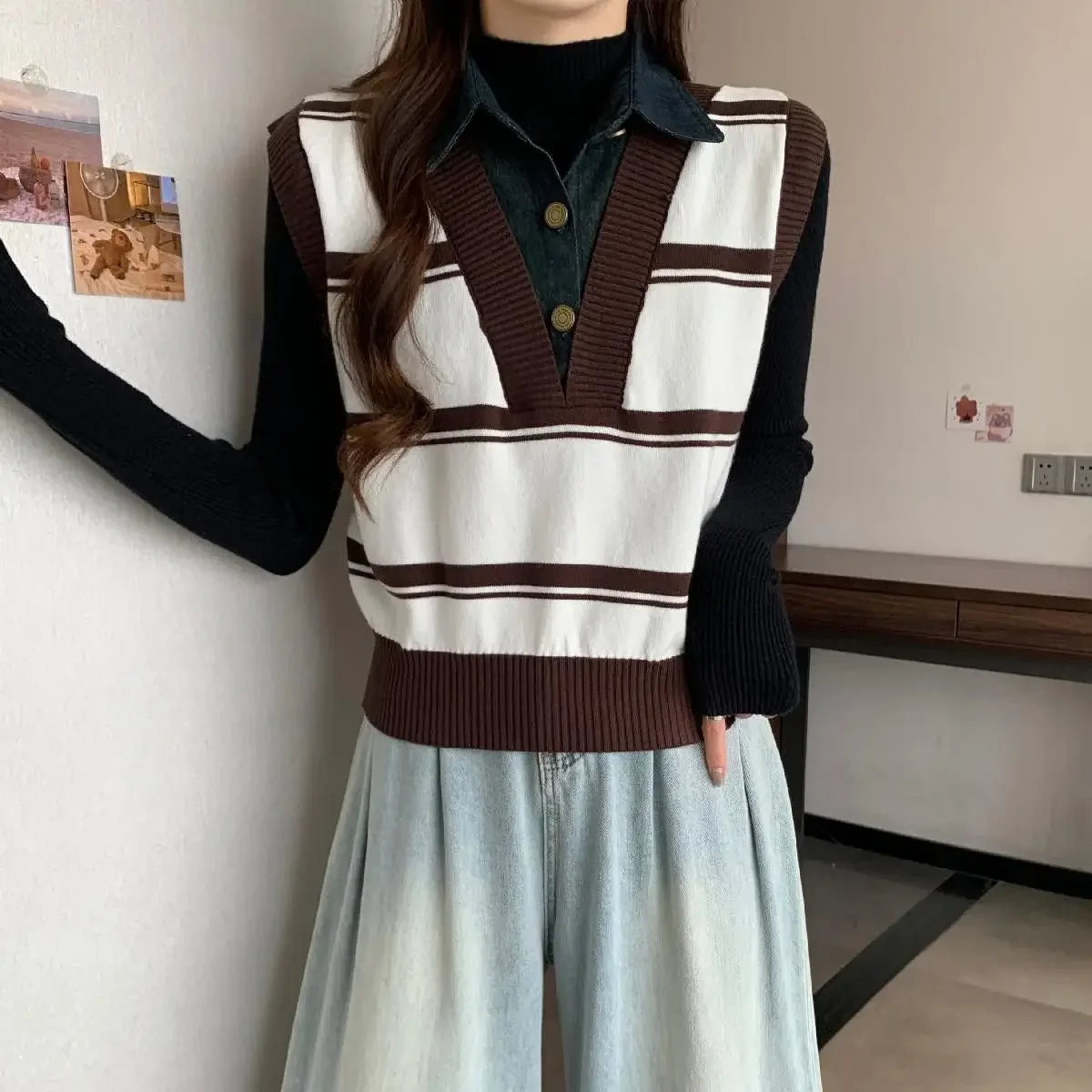 

Женское короткое пальто без рукавов на осень и зиму, корейский полосатый свитер, искусственный джинсовый вязаный жилет из двух предметов с лацканами