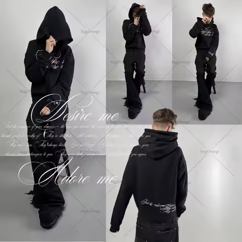 European and American High Street Trendy Streetwear American Retro Y2K Gothic Letter Print Hoodie Loose Oversized Sweatshirt Men