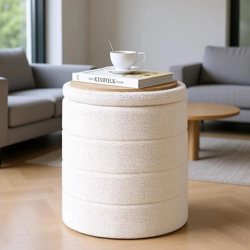 

Velvet Sherpa Storage Ottoman with Tray, Suitable for Living Room, Bedroom, Dorm (White)
