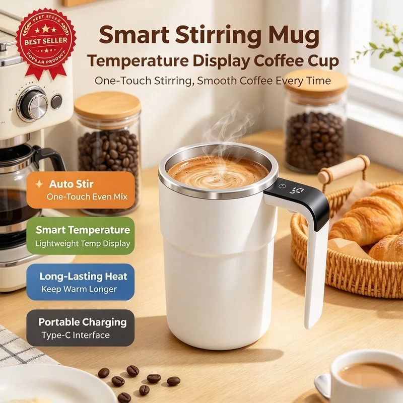 IP67 Waterproof 380ML Self Mixing Electric Coffee Mug USB Recharge Magnetic Stirring Cup Digital Display Home Travel Drinkware