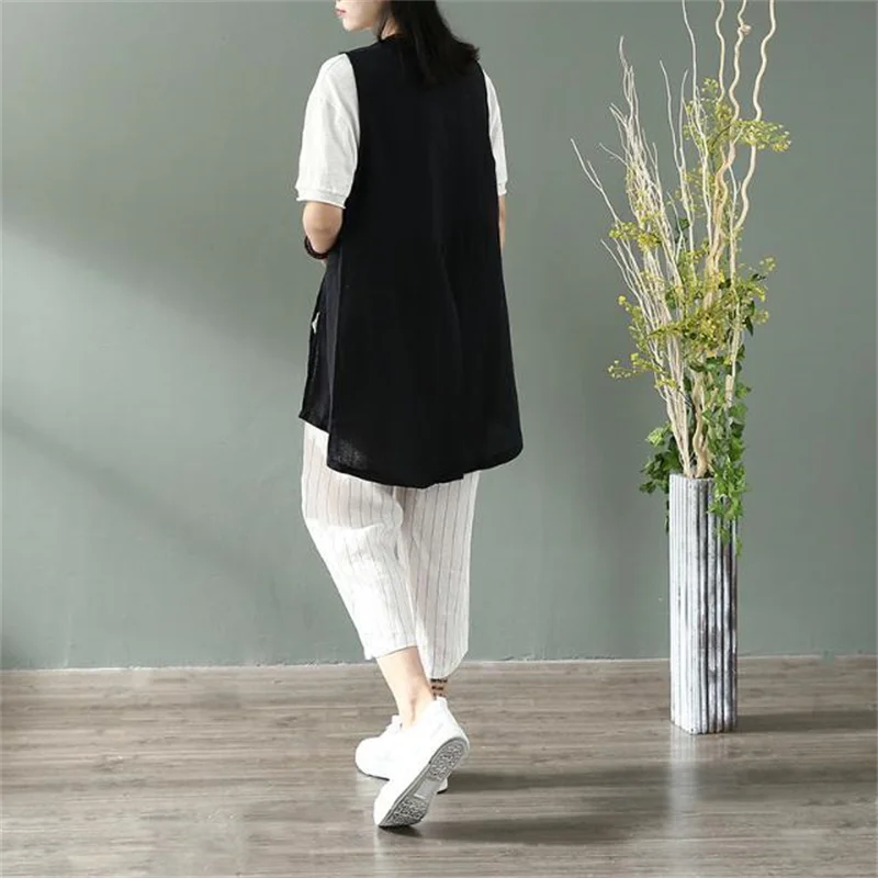 Leisure Cotton And Linen Vest Jacket Loose Casual Med-Length Coat Sleeveless Vest Female Irregular V-Neck Waistcoat White Black