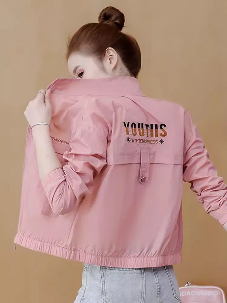 Sifon Putih Irt Pakaian Luar Tabir Surya Ringan Ukuran Kecil Baru Musim Panas Wanita Mantel Tipis Ritsleting Sve Panjang Tabung Lurus