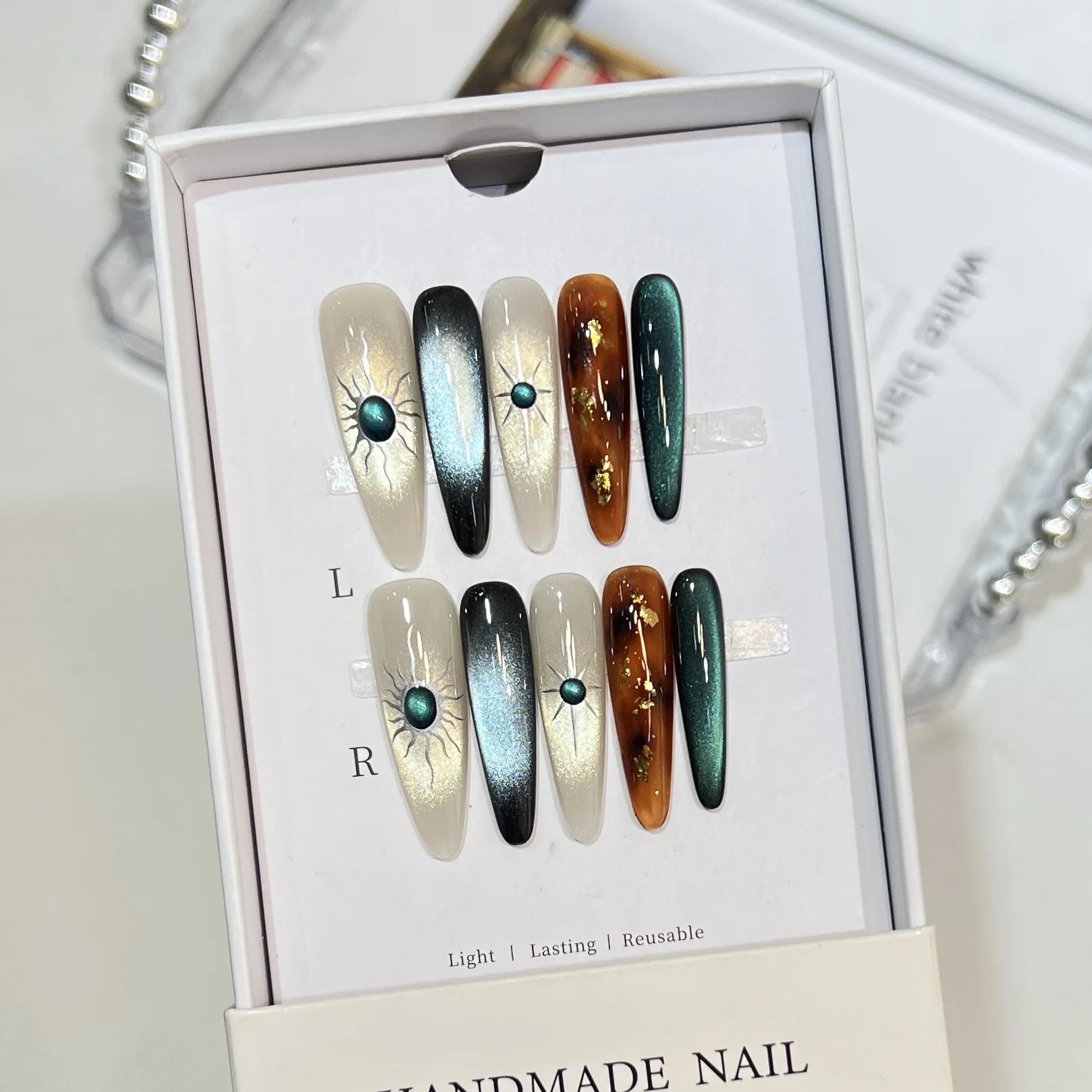 10 قطع اليدوية الأظافر وهمية الخريف والشتاء ارتداء مسمار قطعة ليوبارد طباعة الذهب احباط الزجاج القط العين مسمار الفن الأظافر وهمية #4