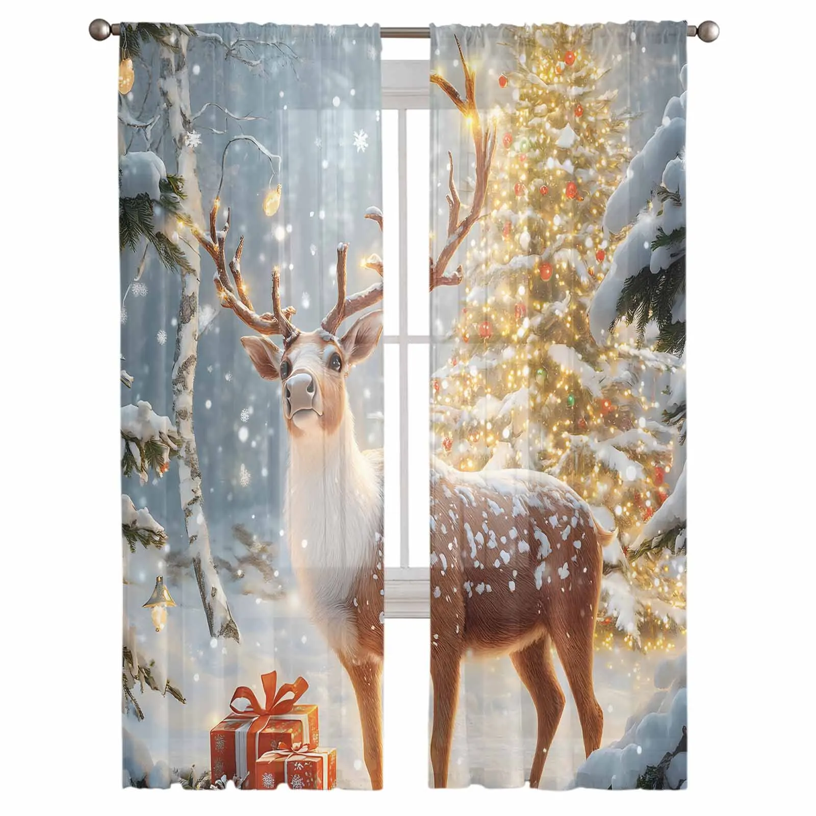 Christmas Reindeer Lantern Curtains Living Room Bedroom Kitchen Decoration Window Voiles Organza Tulle Curtain