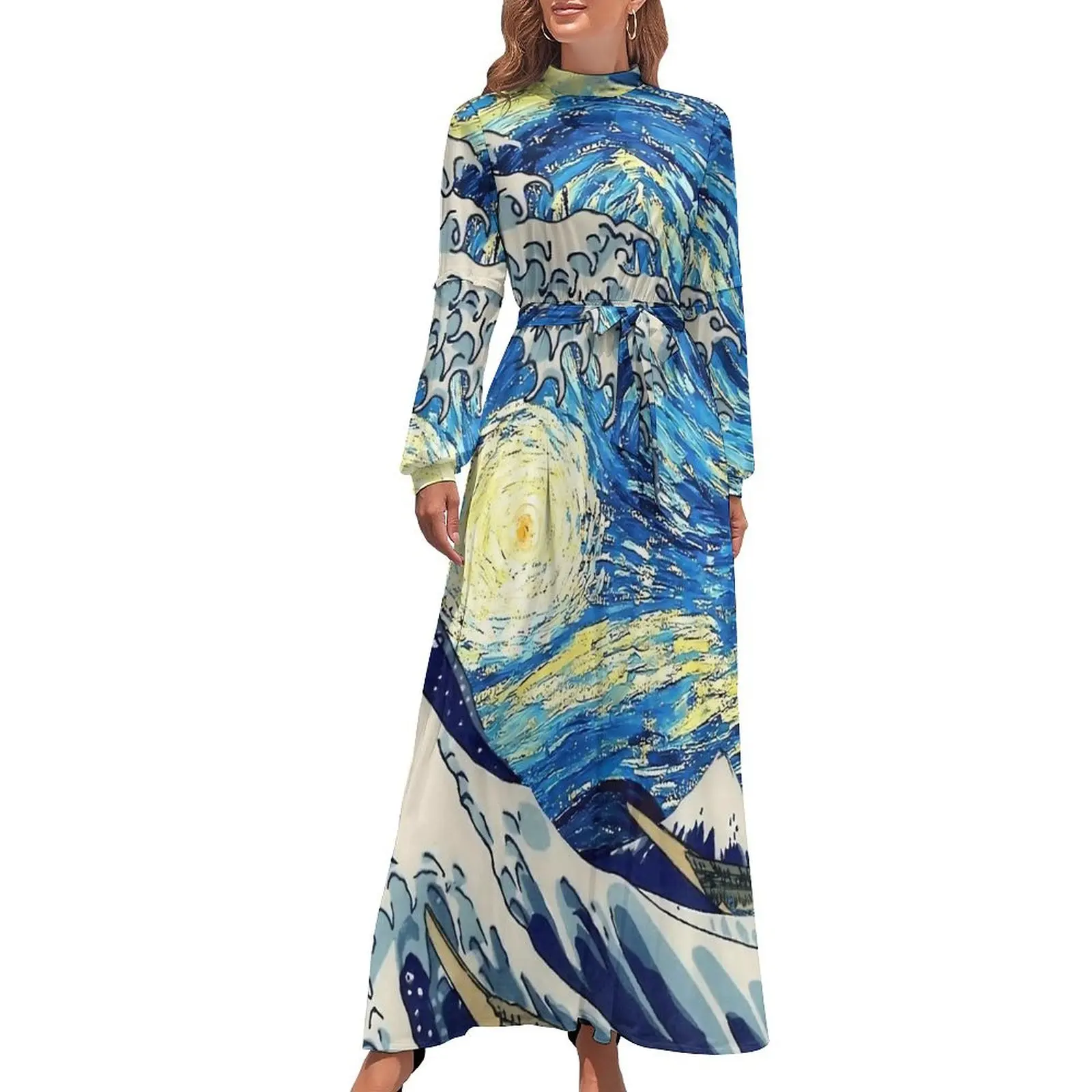 The Great Wave Dress High Waist Kanagawa with Starry Night Beach Dresses Long Sleeve Street Style Long Maxi Dress Trendy Vestido