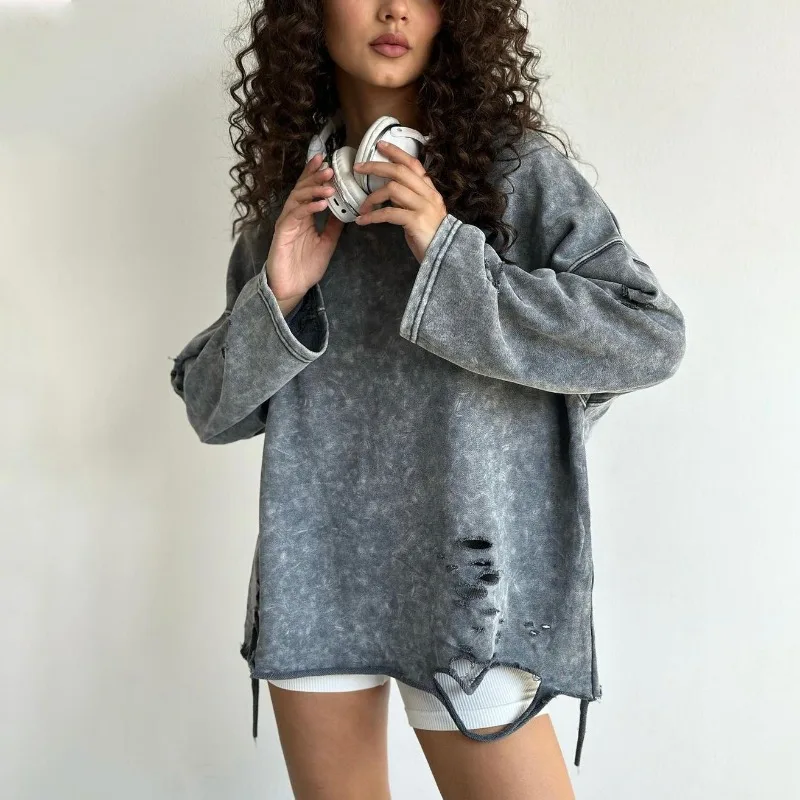 Spring and Autumn Women's Clothing Ripped Crew Neck Sweater Jacket Fashion Trendy Brand Old Premium Long Sleeve Loose Jacket