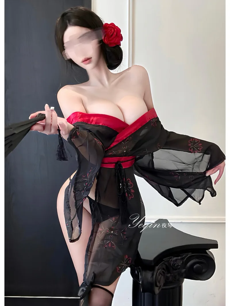 Sexy stile antico puro desiderio uniforme stampato abito kimono elegante scollo a V canotta mini abito maglia pizzo trasparente 2025 nuove magliette PYV8