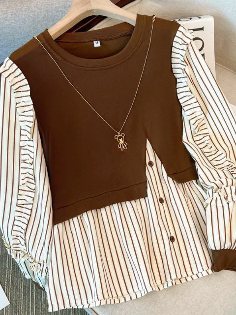 

Spring Autumn Fashion Earlet Lace Sleeve Belly Cover Slimming Splice Fake Two-Piece Trendy Age-Defying Versatile Top