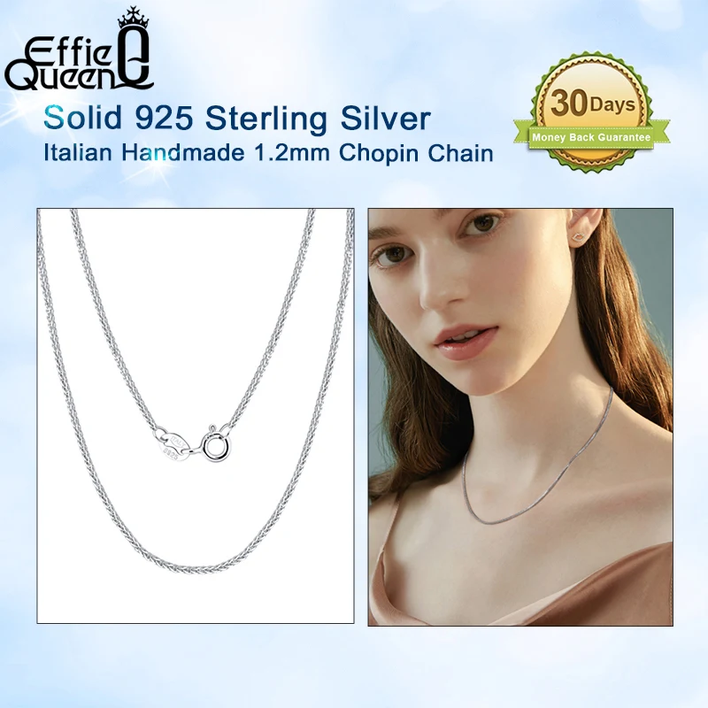 Effie Queen Genuine 925 Sterling Silver Italian 1.2mm Chopin Chain Necklace for Women Fashion Simple Basic Chains Jewelry SC53