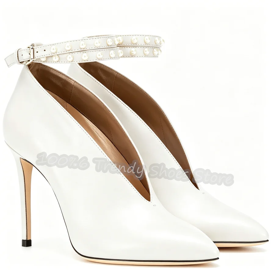 

Pointed Toe High Heel Summer Gladiator Sandals Lady Catwalk Party Dress Shoes Luxury Pearl Rivet Ankle Buckle Strap Women Pumps