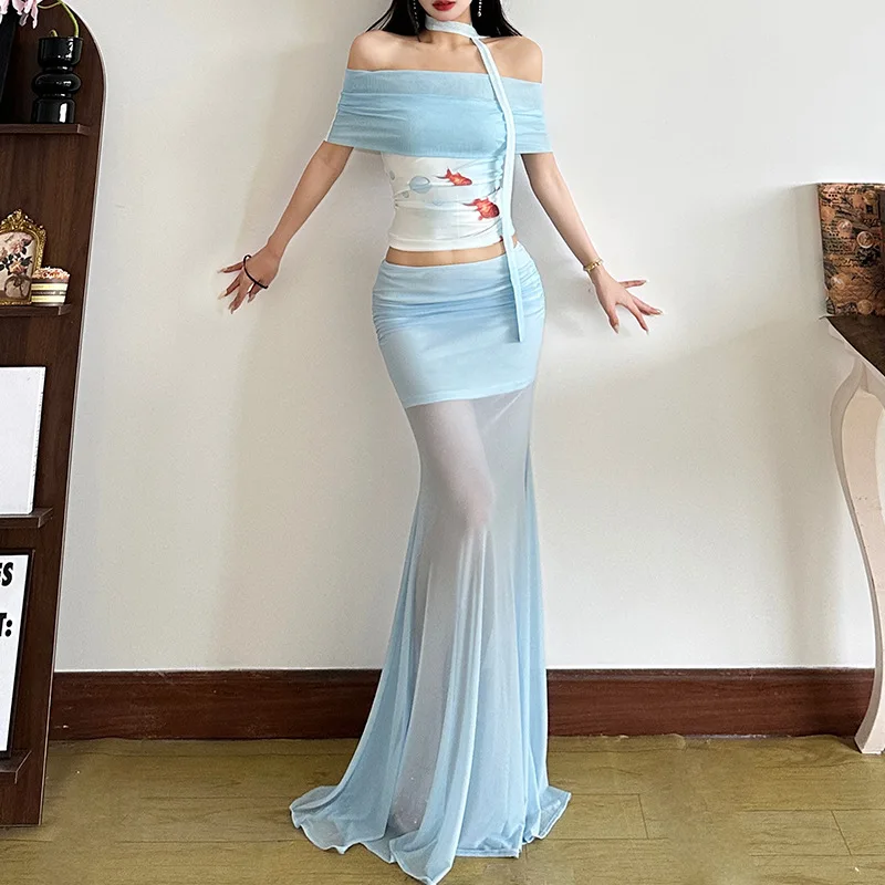 

2025 Summer New Product Women's Fashion Lady Style Sexy Slimming One Shoulder Neck Printed Top