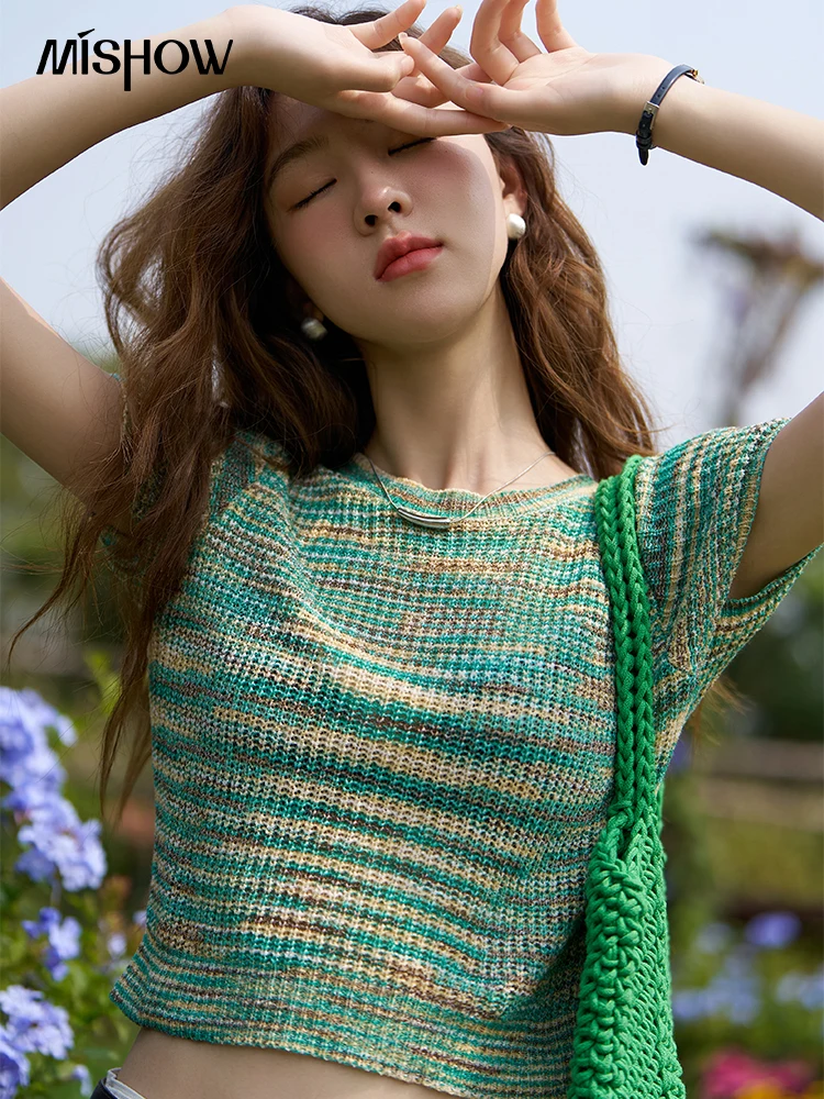 

MISHOW Colorful Stripe T-shirt for Women 2023 Summer Korean Sweet Short Sleeve O-Neck Female Knitted Tops Office Lady MXC33Z0043