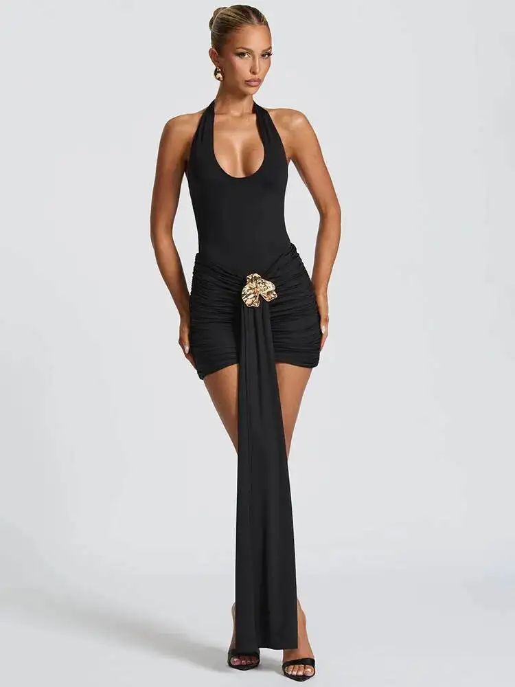 Gaun Mini Seksi Wanita Model Halter Tanpa Lengan Bodycon untuk Pesta Klub, Berbahan Metal Flower Draped Ruched, Model Baru