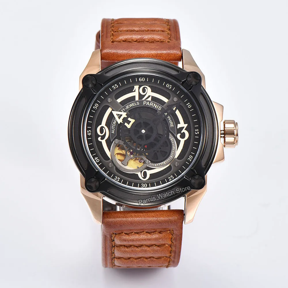 Parnis 44mm esqueleto hombres reloj de pulsera relojes mecánicos Japón Miyota82S5 mecánico militar piloto reloj oro rosa negro plata
