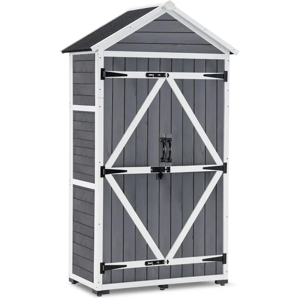 Outdoor Storage Cabinet, Garden Wood Tool Shed, Outside Wooden Shed Closet with Shelves and Latch for Yard, Patio