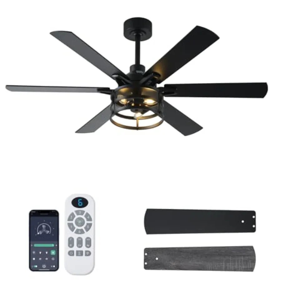 Farmhouse ceiling fan for living rooms: black industrial caged rustic fan with light, remote, 6-speed reversible motor, dual-fi