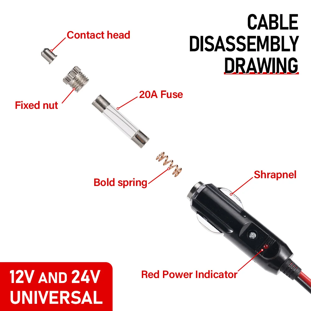 Car Cigarette Lighter LED Socket Plug 12V 24V Universal High Power 16AGW 20A Adapter Connector High Quality PVC Copper Wire