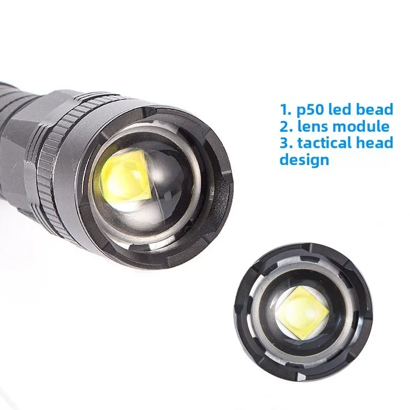 مصباح يدوي فائق السطوع P50 خارجي - قابل لإعادة الشحن من النوع C، تكبير تلسكوبي، وظيفة كشاف، مصباح يدوي تكتيكي للطوارئ #4