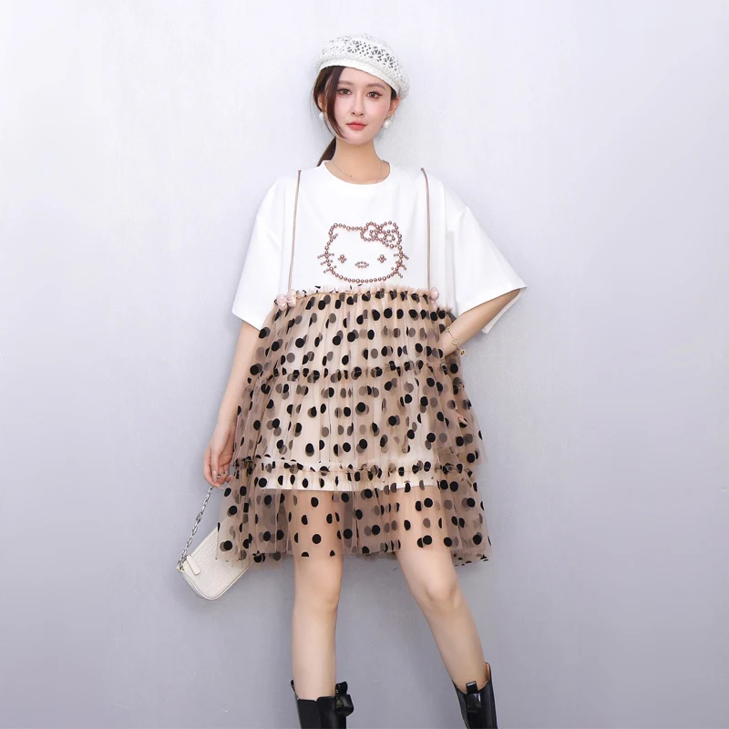 2025 Estate nuove donne eleganti T-shirt in rete abiti corti larghi abito da donna a maniche corte all'ingrosso J1194