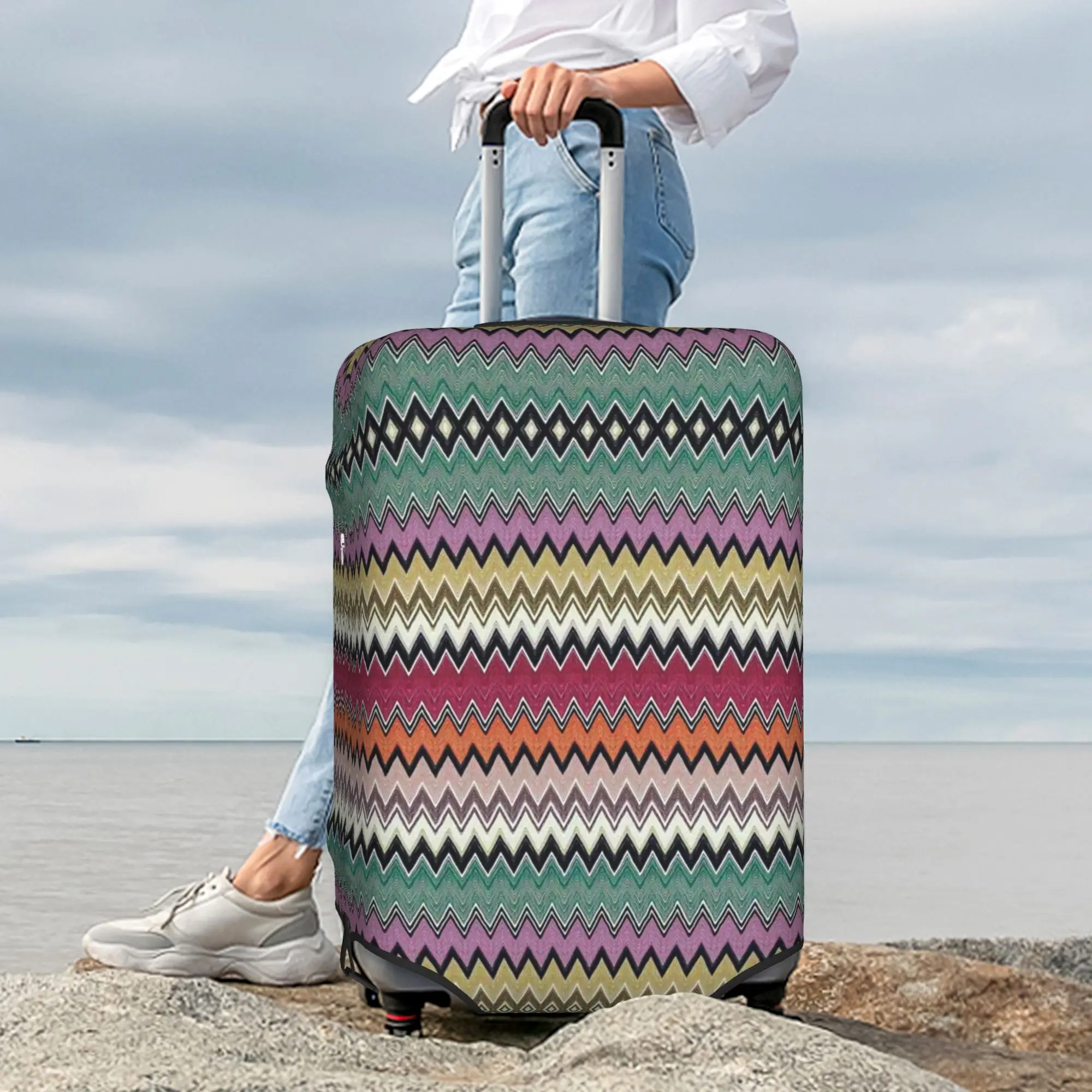 Custom Luxury Classic Zig Zag Suitcase Cover Washable Modern Bohemian Geometric Travel Luggage Covers for 18-32 inch