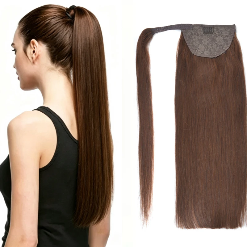 24Inch Long Smooth Wrap Around Ponytail Human Hair Extension Wig Hairpiece Natural Ponytail for Women Daily and Party Use