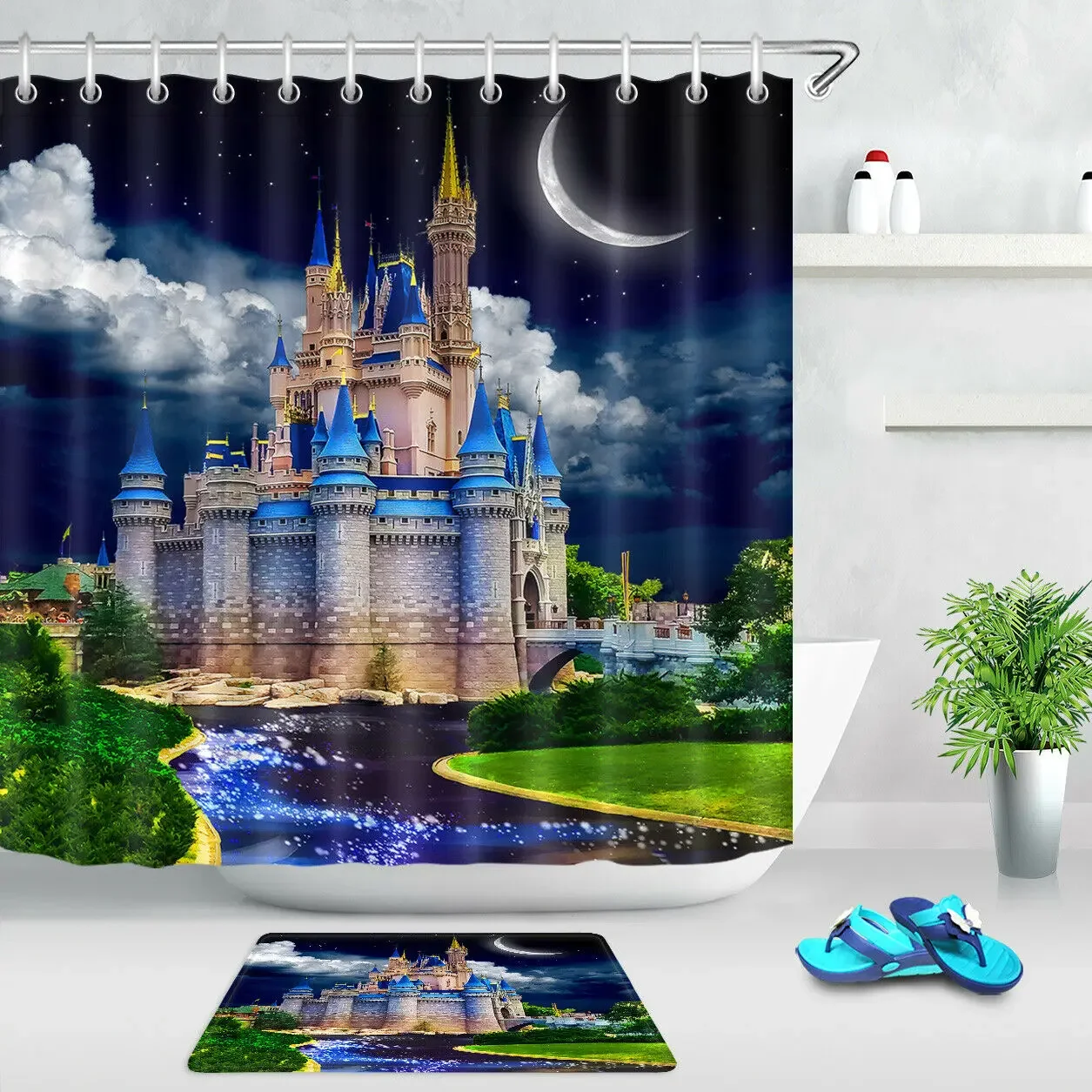 Night Fairy Tale World Castle Fabric Shower Curtain Set Bathroom Decor Hooks Uniqued