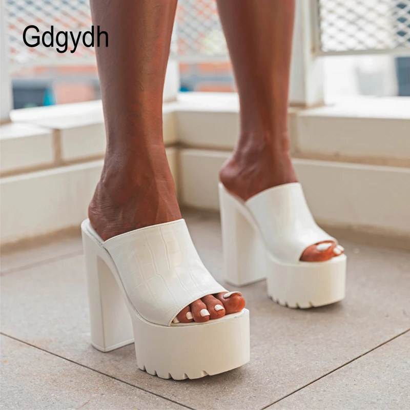 Gdgydh Black Platform Slides Sandals For Women Open Toe Backless Sexy High Block Heels White Wedding Shoes Breathable Slip On