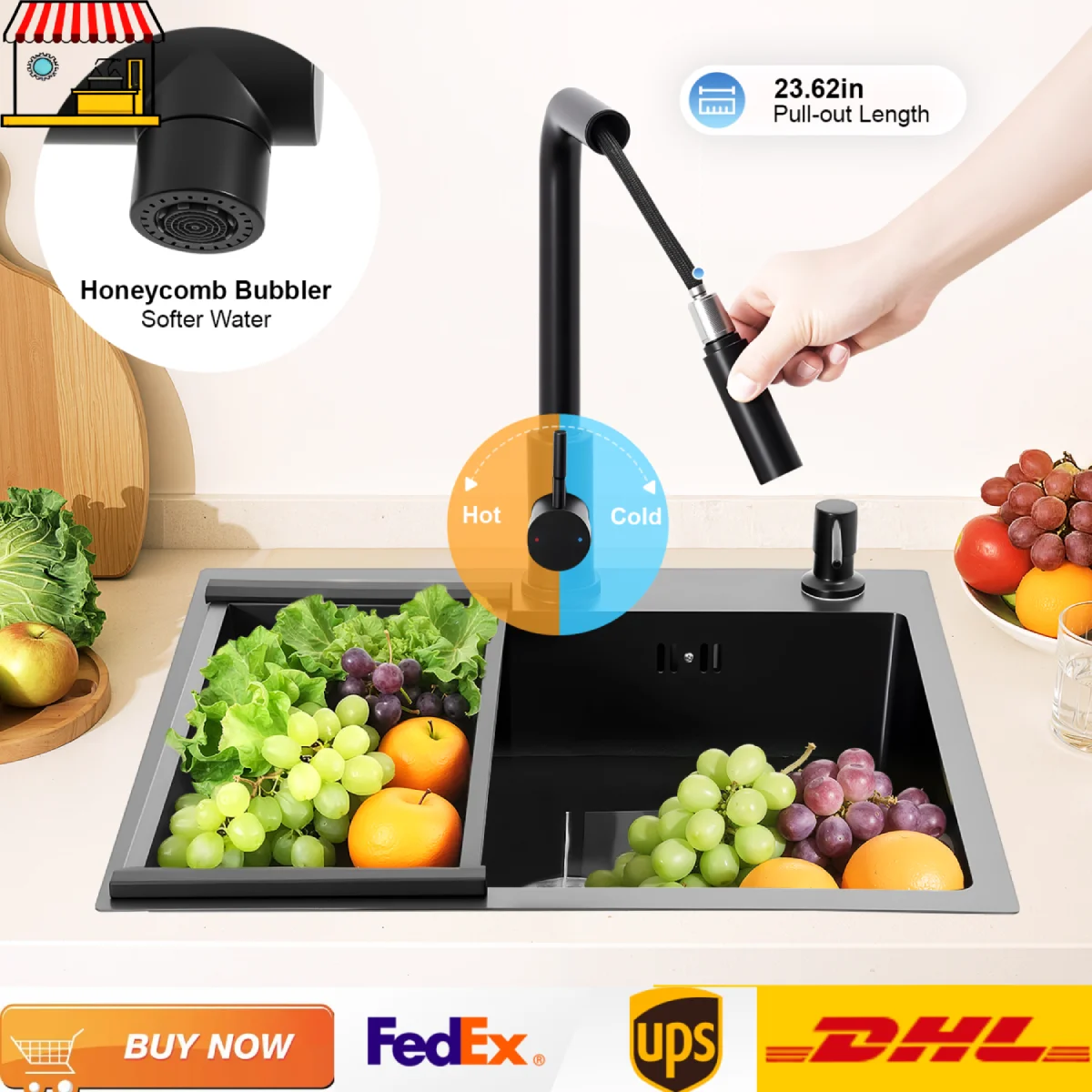 

Черная кухонная мойка из нержавеющей стали с выдвижным краном и сливной корзиной, современная прямоугольная 50x45 см ​