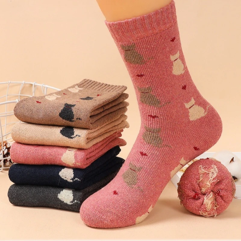 5 Paar Herbst- und Winter-Neue süße Retro-Kätzchen-Damensocken mit dicken Wollschlaufen und warmen langen Baumwollsocken 2025