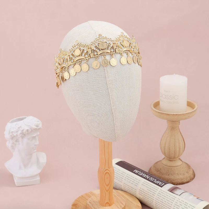 Moroccan Luxury Bridal Headpiece Hollow Gold Crown Design with Dangling Engraved Coins Wedding Hair Band image 4