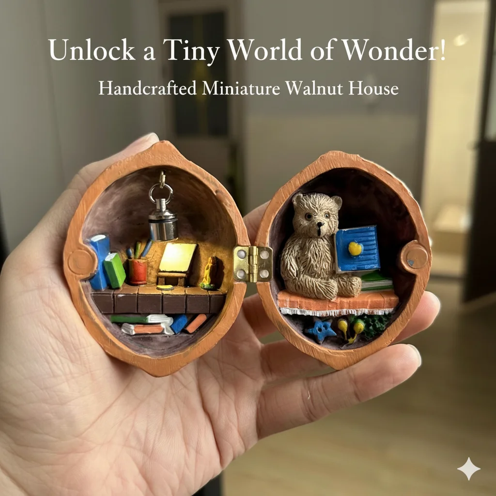 

Micro Dollhouse Inside Walnut Shell Handmade Secret Scene with Bear Chair Lamp Book Shelf Fun Tiny Toy Gift Children Birthday