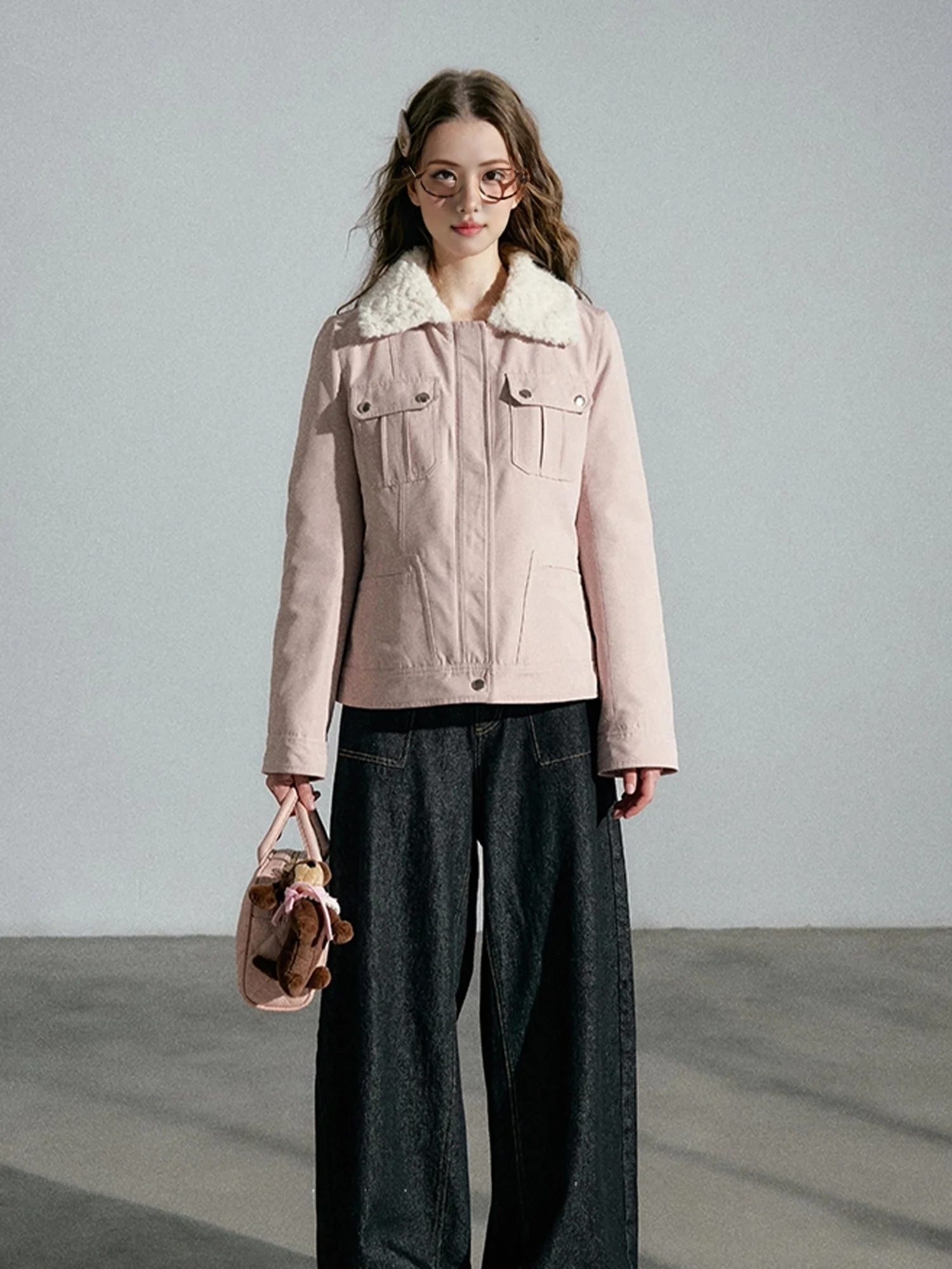 

MOXI2025 Осенне-зимняя куртка с воротником-стойкой, женская, модная, универсальная, розовая, хлопковая, для повседневной носки, длинная