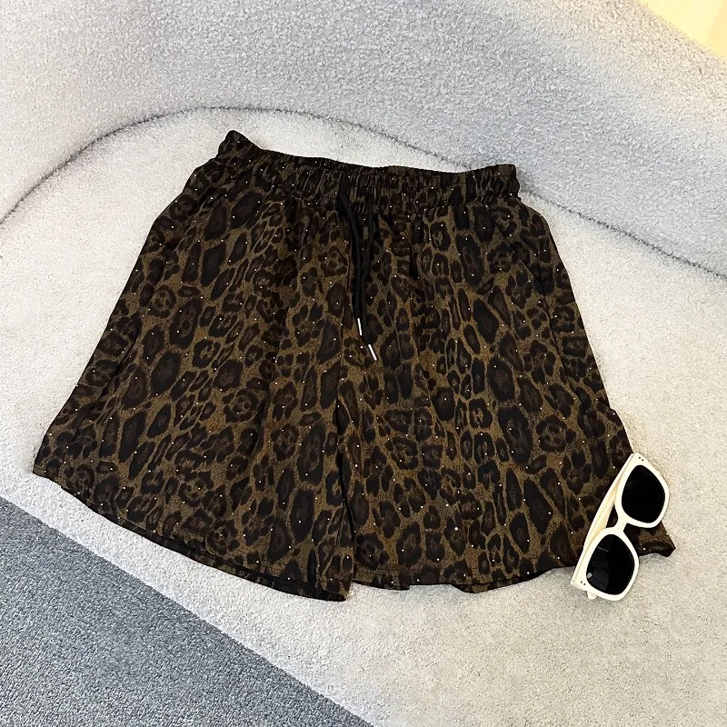 2025 Summer New Fashion Leopard Print Diamond Drills Short-sleeved T-shirt Set Loose Casual Top And Shorts Two-pieces Suit Women