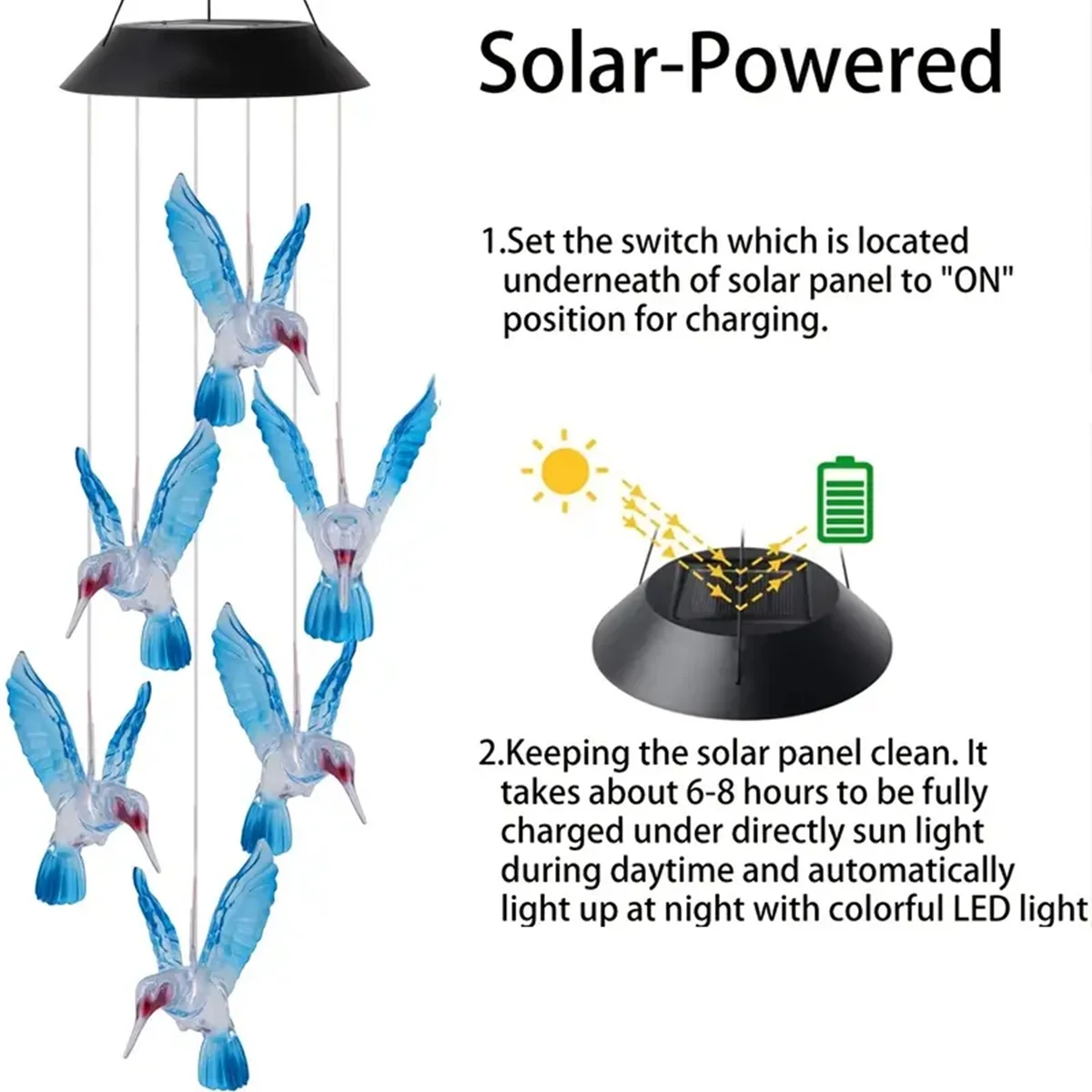1pc Solar Wind Chimes Color Changing Outdoor Solar Hummingbird Lights 6LED Wind Chimes Solar Powered Lights For Garden Decoratio