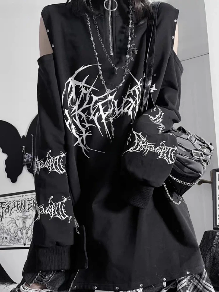 2026 New Vintage Black Printing Punk T-Shirt Women Harajuku Off Shoulder Grunge Tops Vintage Oversized Y2k Aesthetic Zipper Tees