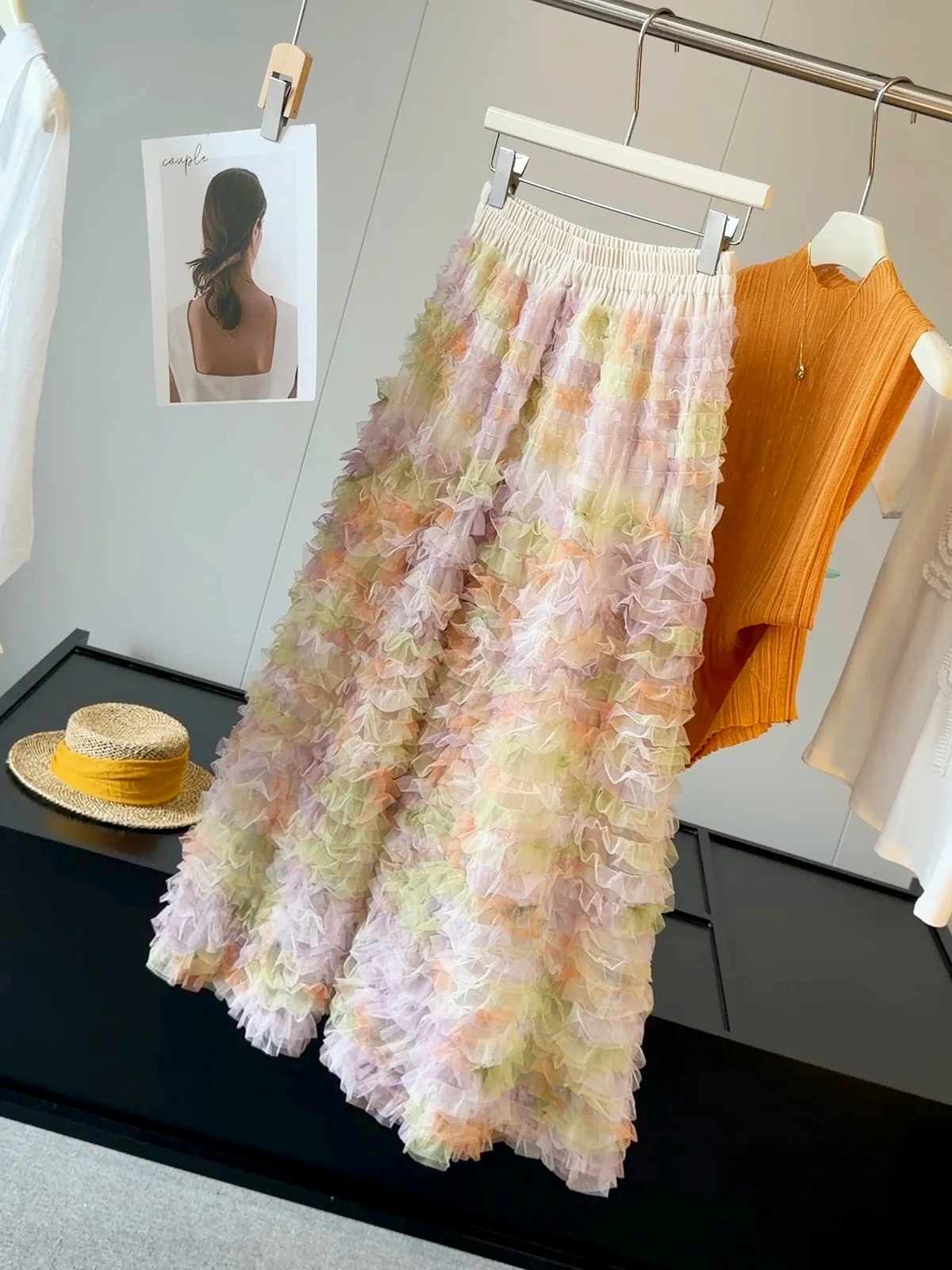 Harajuku Pastel Rainbow Tiered Tulle Maxi Skirt High-waisted Fluffy Layered A-line Skirt For Women Fairycore Cottagecore Garden