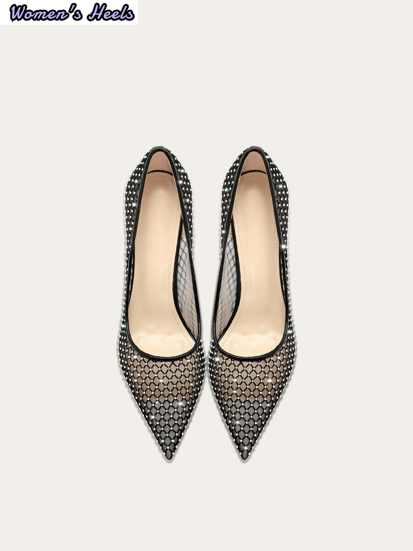 Sexy Fishnet Rhinestone Black Mesh Heels Pointed Toe Evening Party Shoes Women 5cm Stiletto